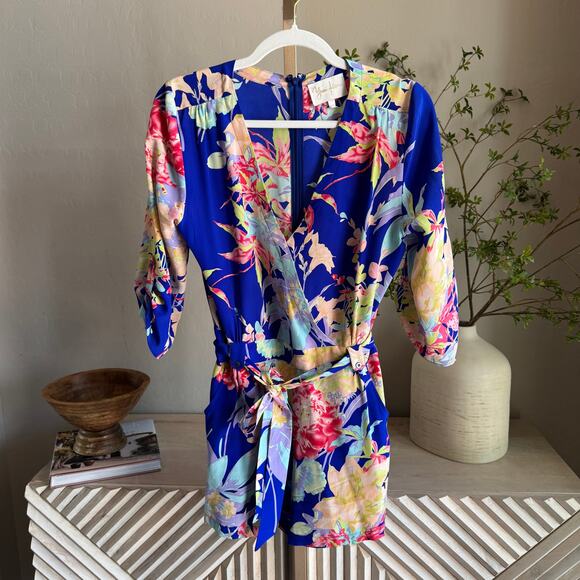 Yumi Kim Silk Floral Wrap Romper Blue Tropical Print M - Picture 2 of 7
